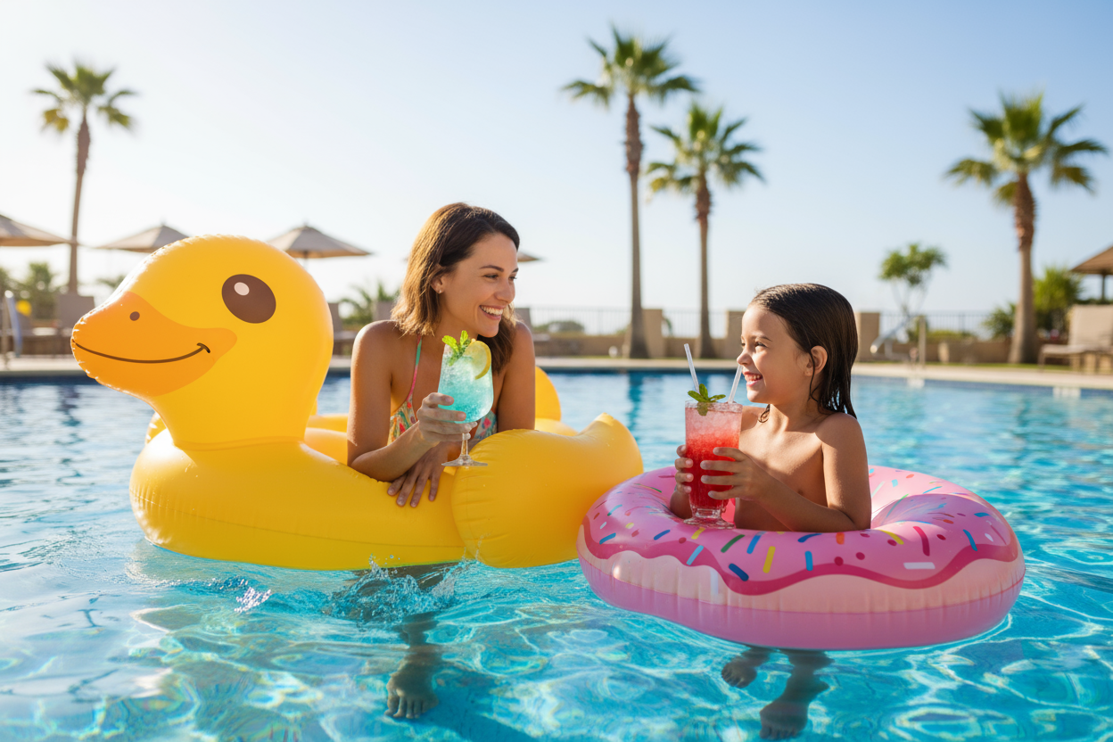 A mother and daughter each holding ice cold drinks in their hands whilst the mother lays on a duck floaty and the daughter lies on a donut floaty in a pool smiling in the summer 